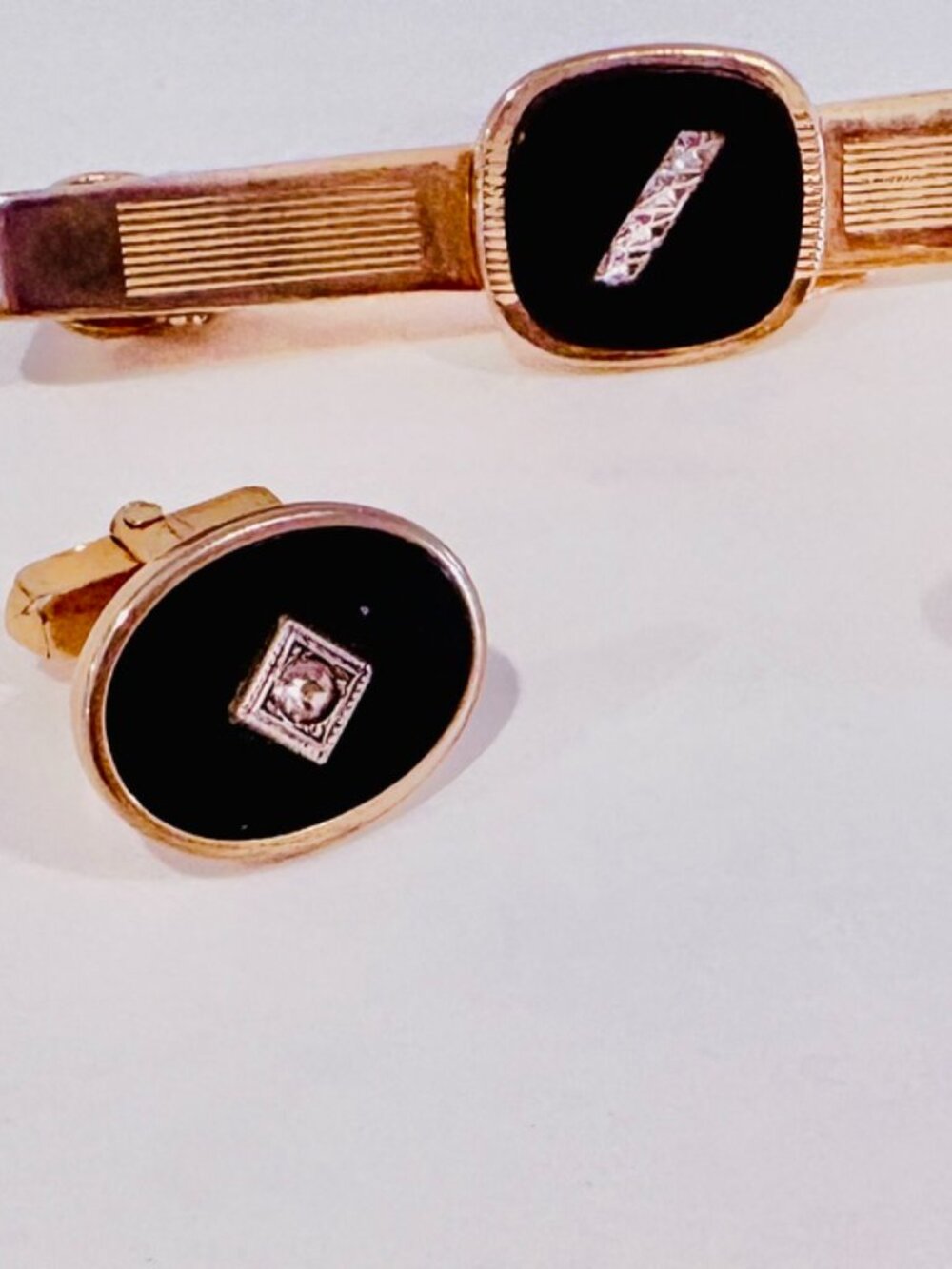 Vintage Anson Black Onyx & Diamond Chip Cufflinks Tie Bar Set Gold Tone Mid-Cent